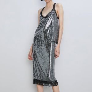 SOLD NWT Zara sequin stretchy skirt with lace trim
